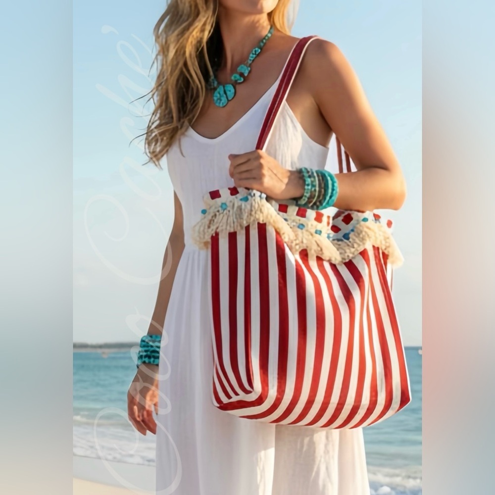 Islander Bohemian Embellished Shells Turquoise Beads Striped Shoulder Tote Bag
